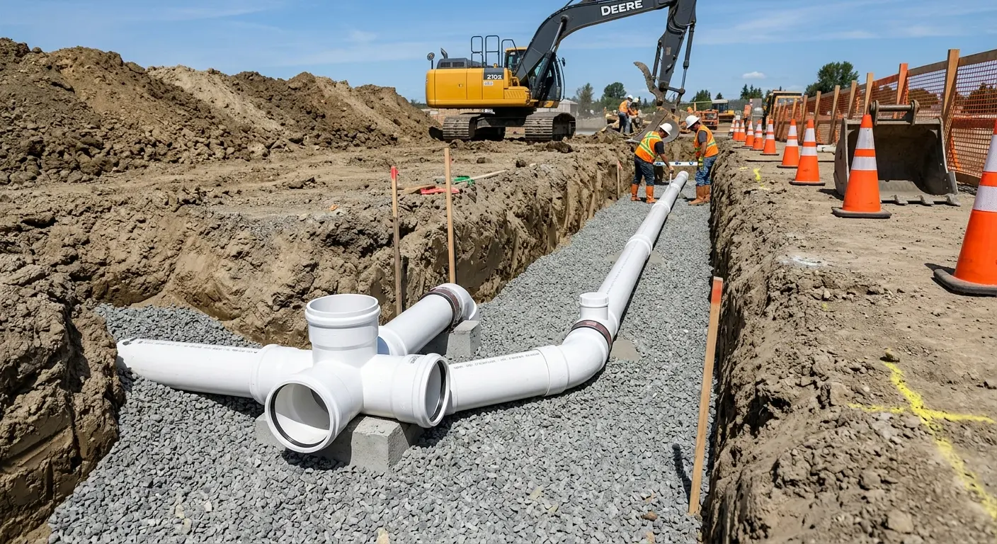 New PVC sewer pipe installation in open trench for Sewer Backup in Camp Pendleton Mainside